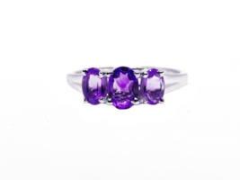 Amethyst Engagement Ring 3 Stone Amethyst Solitaire Ring Trellis Style Ring - £34.92 GBP
