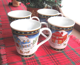 Set of Four (4) American Atelier Winter Village Porcelain Mugs with Box   - $30.00