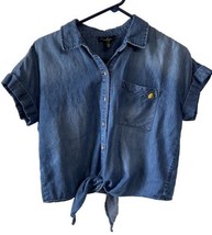 Jessica Simpson womens Medium Blue Chambray Cropped Front Tie Button Up Shirt - £11.76 GBP