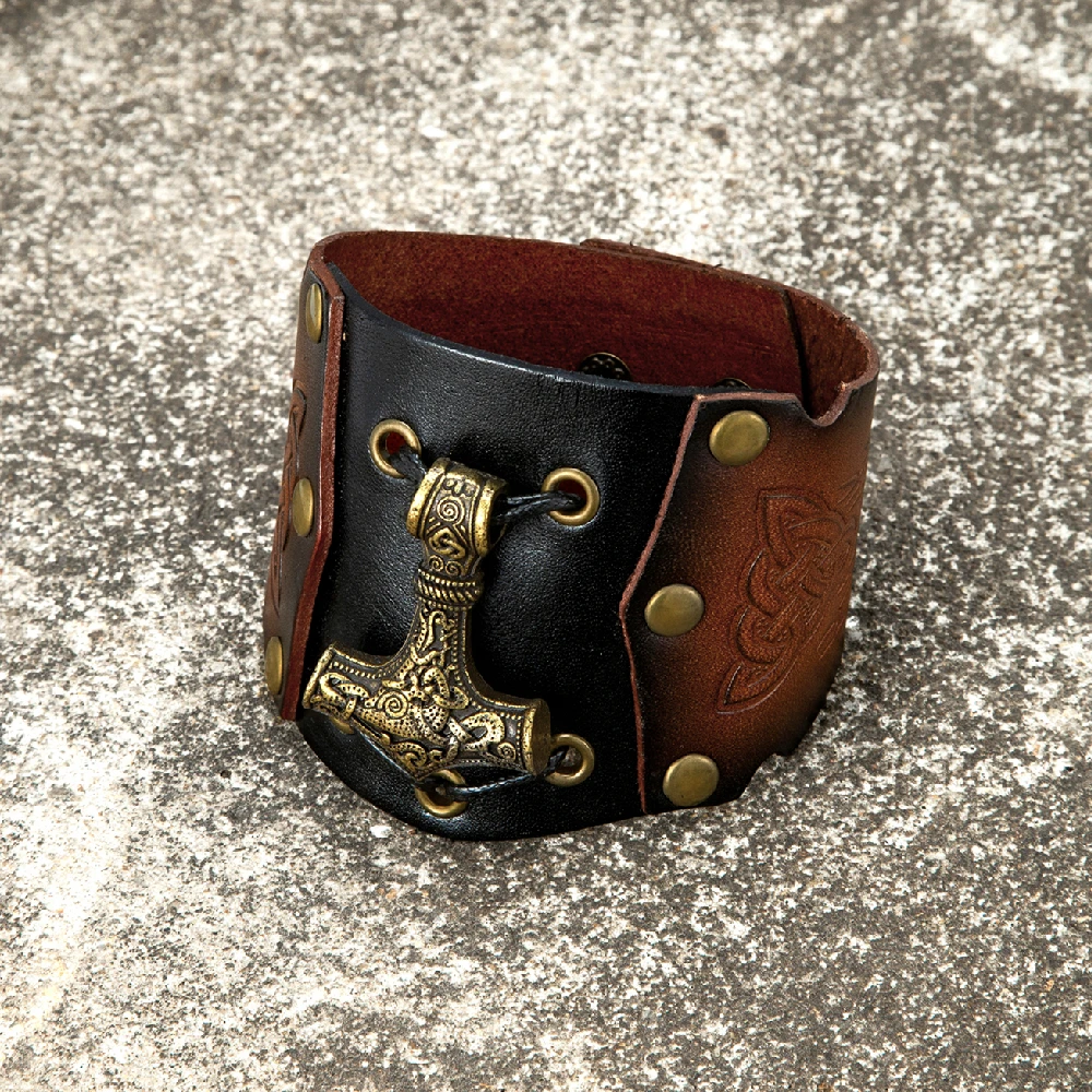 Norse Vikings Genuine Leather Wristband Men Thors Hammer Mjolnir Bracer Bracelet - £29.15 GBP