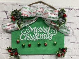 Merry Christmas jingle bells green Sign 14x11 bow wood Handmade hanging New - £11.06 GBP