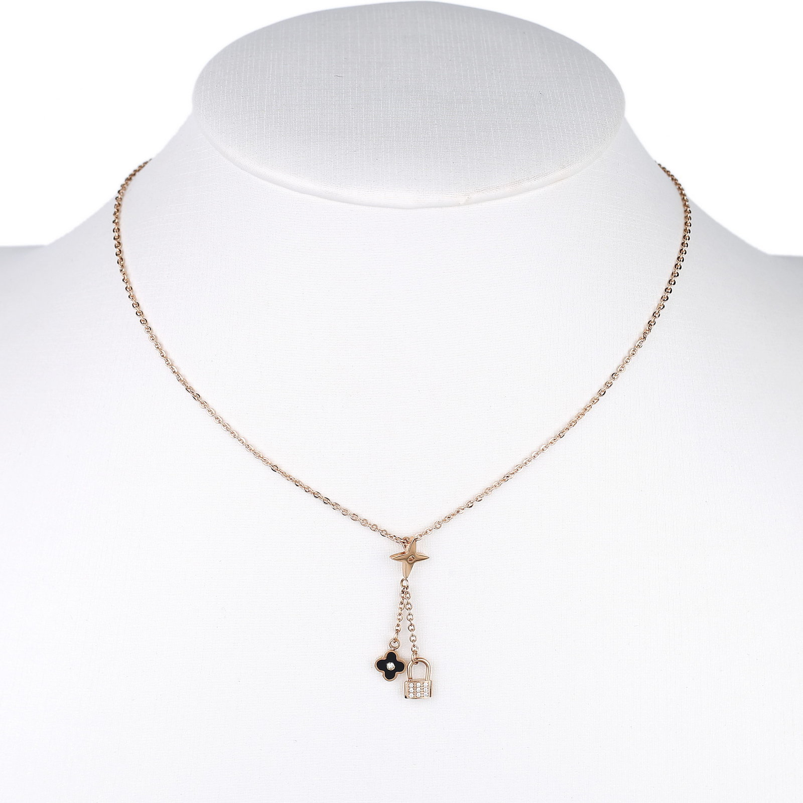 Rose Tone Clover & Lock Charm Necklace With Sparkling Crystals