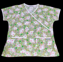 UA Green Easter Bunny Rabbit Floral Spring Scrub Top Shirt Large Nurse V... - $17.99
