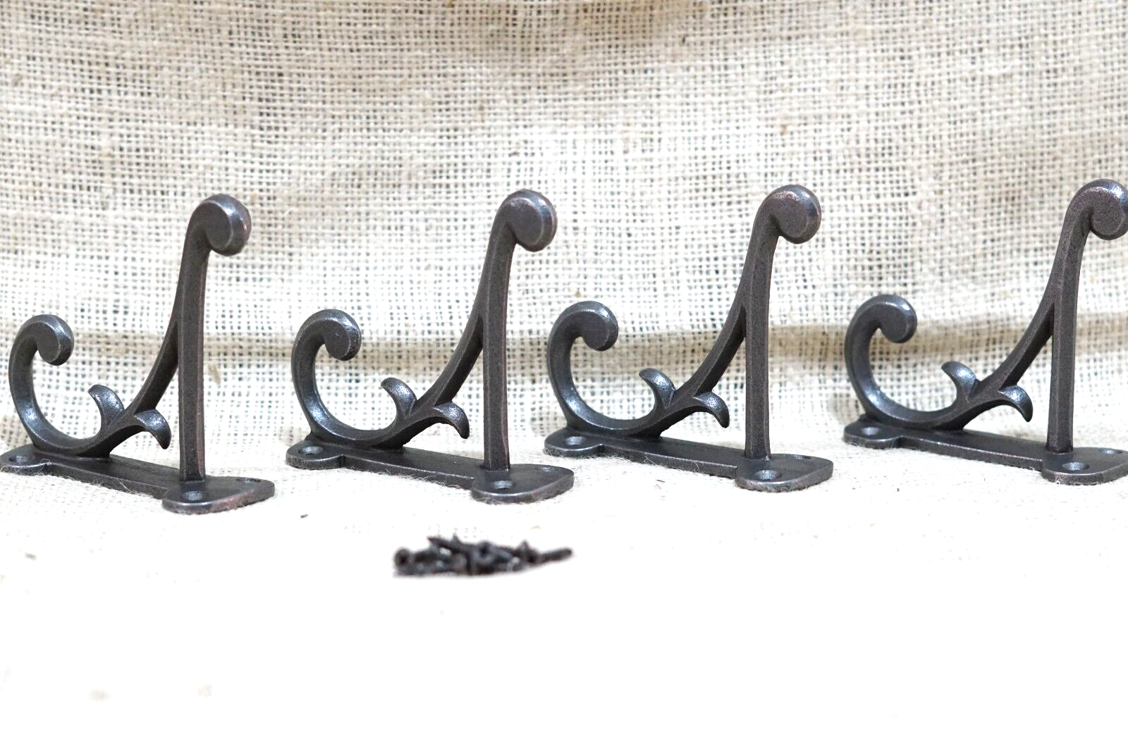 4 COAT HOOKS ANTIQUE STYLE CAST IRON 4.5&quot; WALL DOUBLE RESTORATION INDUST... - $21.99