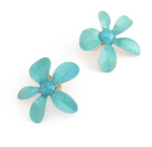 Vintage Teal Daisy Enamel Earrings Clip On Gold Tone Funky Retro 1960s 1970s - £8.77 GBP