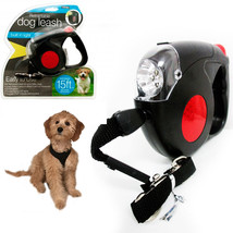 Retractable Dog Leash Black Automatic 15 Feet Long 4 LED Lights Strap Rope New - £24.48 GBP