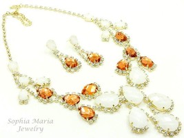 CLEARANCE SALE brown orange white long bib rhinestone necklace set lucite beads - £11.24 GBP