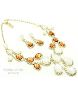 CLEARANCE SALE brown orange white long bib rhinestone necklace set lucit... - $14.36