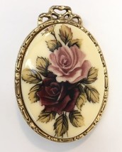 Vintage 1928 Brooch Gold Tone Purple And Pink Roses Oval Jewelry Pin 2&quot; - £15.96 GBP