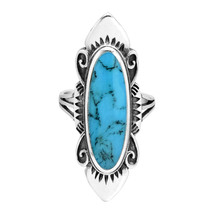 Vintage Inspired Long Oval Blue Turquoise Inlaid Sterling Silver Ring-7 - £23.03 GBP