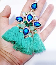 Oversized Chandelier Earrings, Rhinestone Drop Earrings, Aqua Drop Pageant Earri - £46.81 GBP