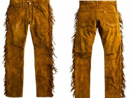 Genuine 100%Leather Brown Lambskin Pant Motorcycle Fringes Men Soft Sued... - £94.12 GBP+