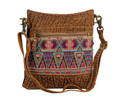 Myra Bags #7391 Patterned Leather, Canvas, Rug 10&quot;x10&quot; Crossbody~Pockets~Strap - £29.60 GBP