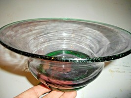 Hand Blown Art Glass Footed Bowl Bubbles Flared Rim Purple Swirl Green F... - $47.24