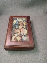 Vintage wooden tapestry jewelry box with mirror 8x5 Daylillys Tan/Cream Interior - £8.79 GBP