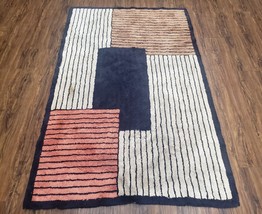 Vintage German Shag Rug 4x6 Small Geometric Abstract Hooked Carpet Ivory Black - £652.49 GBP