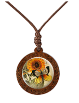 Butterfly &amp; Sunflower Wood Prism Necklace Wax Rope Necklace vintage 721 cottagec - £7.46 GBP