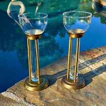 Mid Century Modern Glass in Brass Candlestick Holders or Vases 2 Vintage... - $28.74