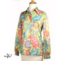 Vintage 70s Long Sleeve Button Up Rainbow Colored Flower Shirt Size 14 -... - £23.46 GBP