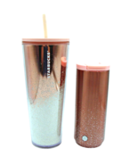 Starbucks Matching Set Tumblers Rose Gold White Sparkle Hot 12oz and Col... - £26.94 GBP