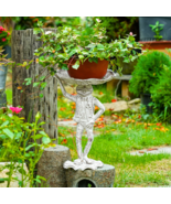 Vintage Garden Statue 14&quot; Antique White Cast Iron Frog Bird Feeder Flowe... - $134.08 CAD