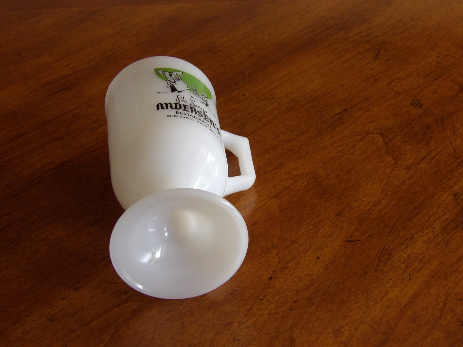 Vtg Milk Glass Pedestal Mug Andersen's Restaurant Pea Soup Advertising CA 5.5" Item image 8