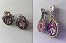 Vintage Micro Mosaic Jewelry Set - Mosaic Earrings (1 Pair) and Mandolin Pin (2) - £48.22 GBP