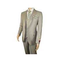 Men Suit BERLUSCONI Turkey 100% Italian Wool Super 180's 3pc Vested #Ber13 Beige image 4