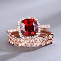 1.80Ct Cushion Cut Garnet Engagement Wedding Trio Ring Set 14k Rose Gold Finish - £86.99 GBP