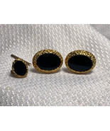 Vtg Gold Tone Nugget Style With Black Stone Mens Jewlery Cuff Links &amp; Ti... - £23.91 GBP