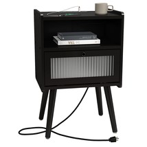 Mid Century Modern Nightstand With Charging Station, Bedside Tables With Glass D - £95.92 GBP