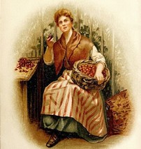Farmer&#39;s Wife Picking Cherries Lithograph Victorian Art Print c1850-1870s DWN10A - £78.17 GBP