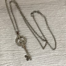 Estate Long Silvertone Chain with Clear Rhinestone Encrusted Peace Skeleton Key  - £8.17 GBP