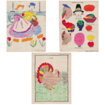x3 Vintage Children&#39;s Crayon Drawings Turkey Thanksgiving Holland 1960s - £19.77 GBP