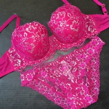 Victoria&#39;s Secret 32DDD,34DD Bra Set S,M,L,Xl Panty Hot Pink Silver Foil Lace - £62.75 GBP