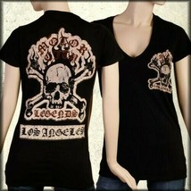 Motor City Legends Skull Flames Punk Rock Biker Womens VNeck T-Shirt Bla... - $40.57