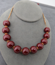 Vintage  Beaded Necklace on Chain 17&quot; Early Plastic Chocolate Brown Gold... - $22.99