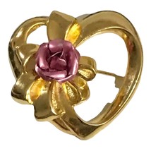 Vtg. Botique Heart Shaped Brooch/Pin Sculpted Pink Rose Bow Goldtone Pinback - £15.70 GBP