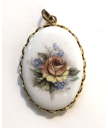 Vintage Porcelain w/ Transferware Flowers Necklace Pendant Oval Framed G... - £9.44 GBP