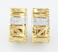 18k Two-Tone Gold Textured Huggie Earrings w/ Diamond Band Gorgeous! - £1,136.94 GBP