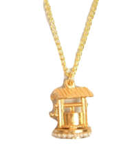 Vintage Good Luck Necklace WISHING WELL Pendant GoldTone kitsch grannycore - £11.86 GBP