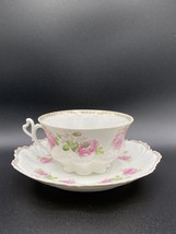 MZ Austria teacup + saucer  pink roses, gold, hearts, scallops romantic ANTIQUE - £104.27 GBP