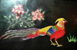 Vintage Hand Embroidered Linen Picture Pheasant and Flowers - $19.70