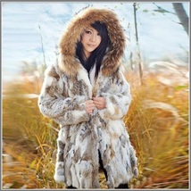 Russian Lynx Rex Rabbit Medium Length Racoon Fur Hooded Parka Coat Jacket