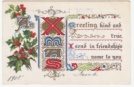 Vintage Postcard Christmas An Xmas Greeting Elaborate Text Holly 1908 - $7.91