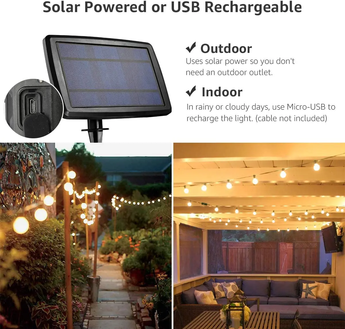 Solar Outdoor String Lights Patio Lights 25ft 25 LED G40 Bulbs USB Rechargeable  - £155.00 GBP