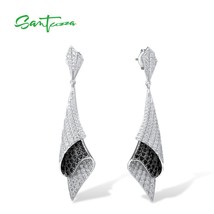 Silver Earrings For Woman Genuine 925 Sterling Silver Folded Black Spinel White  - £55.92 GBP