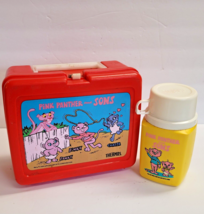 Vintage Pink Panther and Sons Plastic Lunchbox and Thermos 1984 Red Yellow - £38.98 GBP