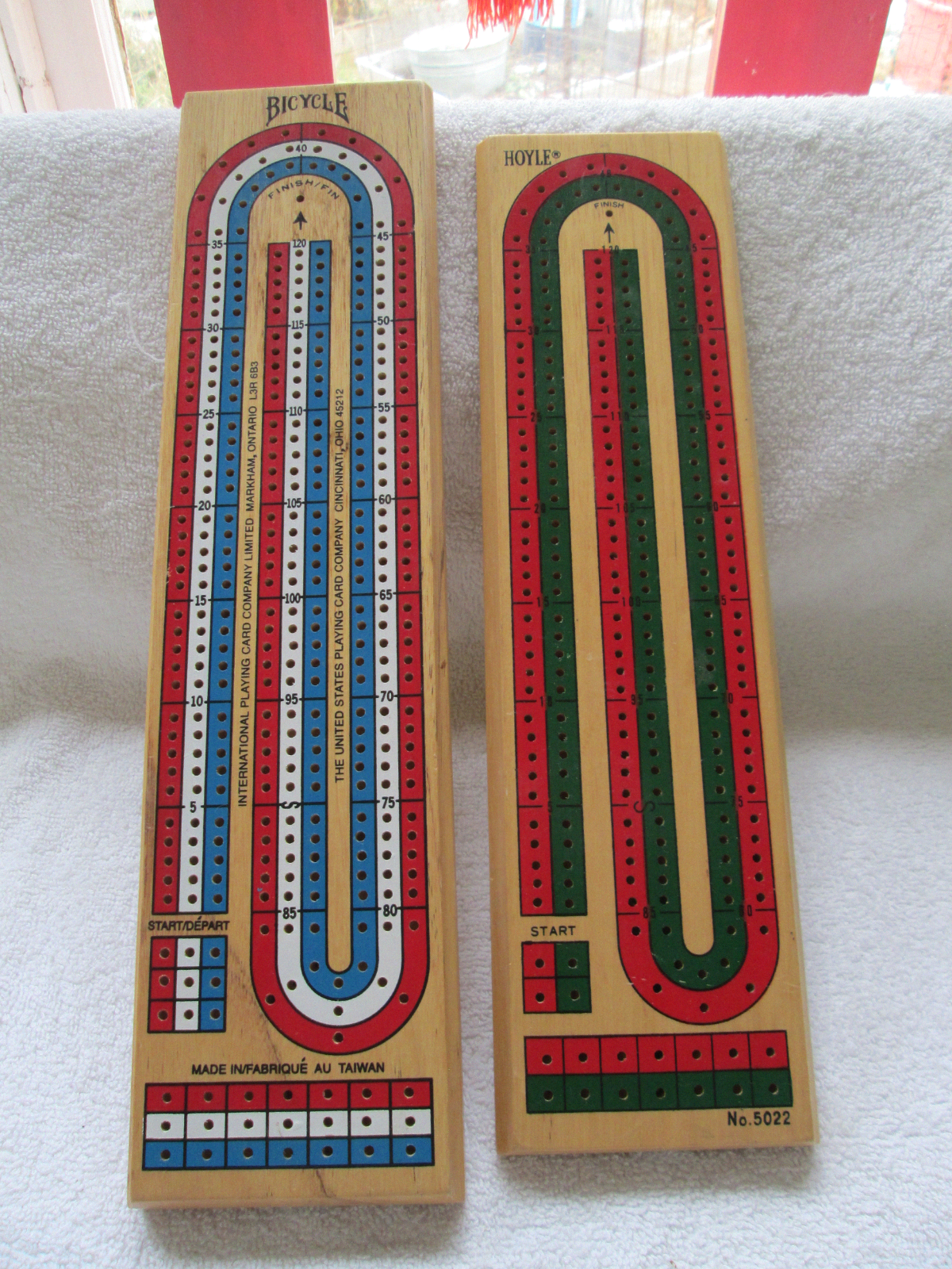 Two cribbage boards Hoyle #5022 and Bicycle (Taiwan), no boxes - $15.00