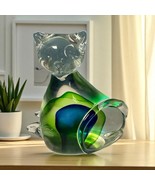 Murano Glass Cat Sculpture McM Mid Century Blue Green Sommerso Cat Pier ... - $67.65 CAD